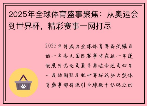 2025年全球体育盛事聚焦：从奥运会到世界杯，精彩赛事一网打尽