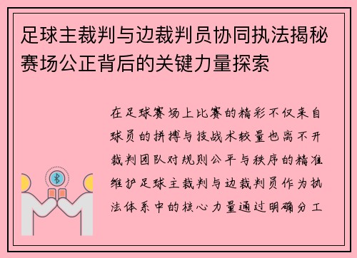 足球主裁判与边裁判员协同执法揭秘赛场公正背后的关键力量探索